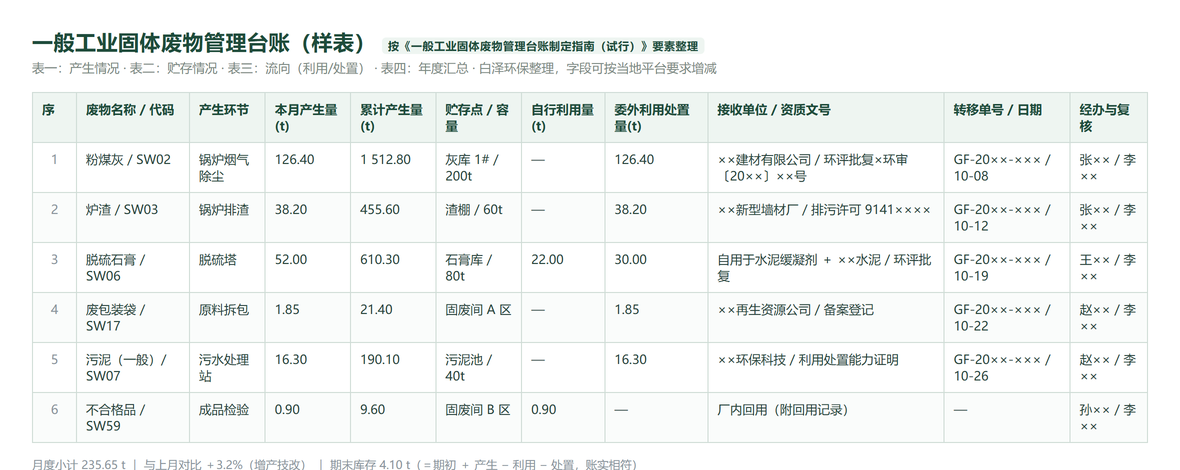 一般工业固体废物管理台账样表：产生量、贮存、委外利用处置与转移单号字段示例